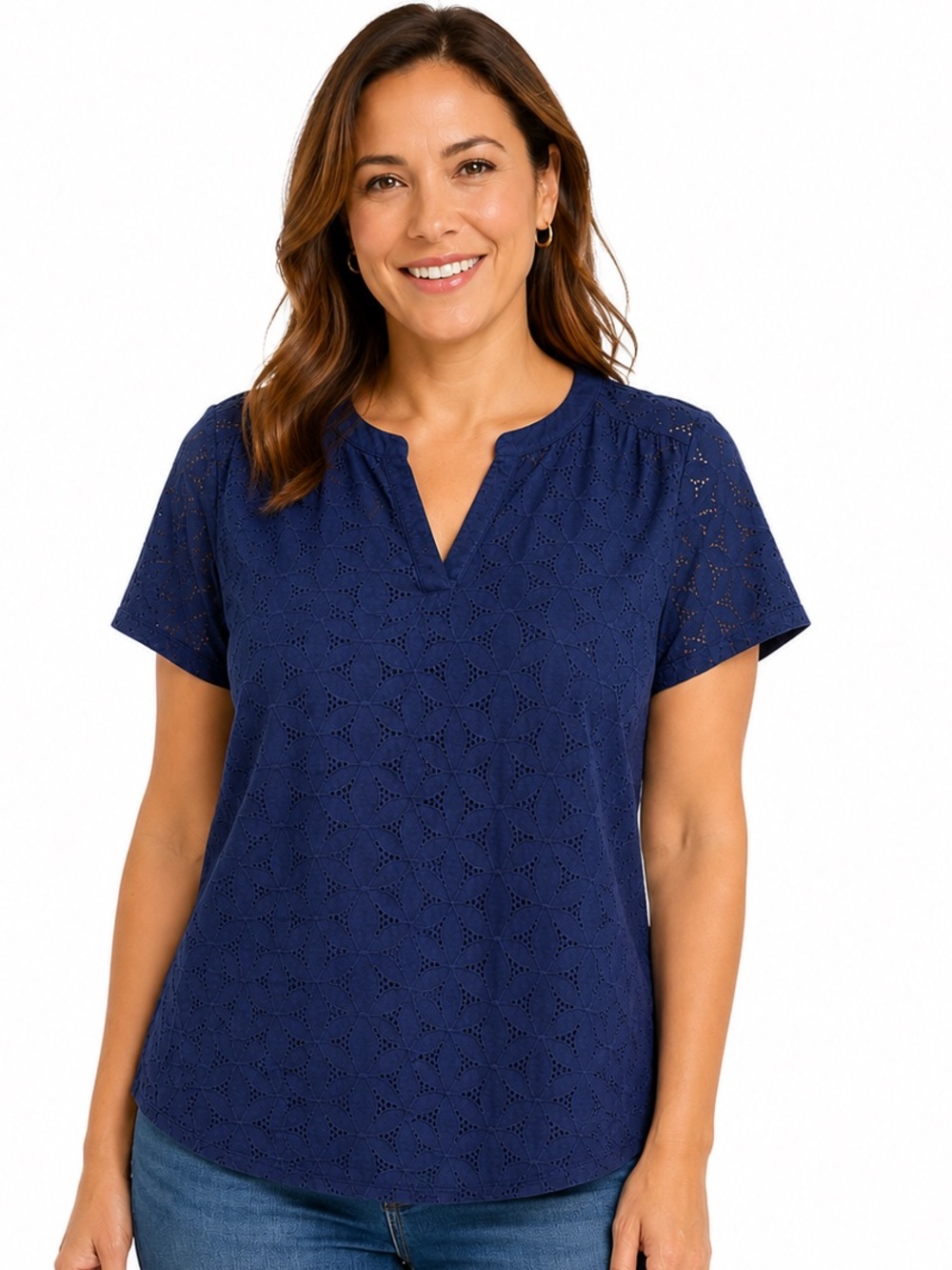 St. John's Bay Navy Eyelet Split-Neck Short Sleeve Top Neutral Lightweight Sz LP